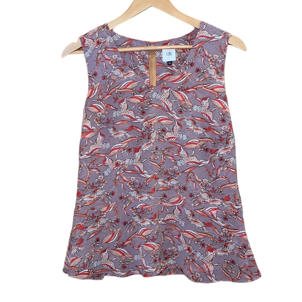 •CABI•NWOT MAUVE BIRD PRINTED SLEEVELESS PEPLUM WAIST LINE BLOUSE SIZE SMALL